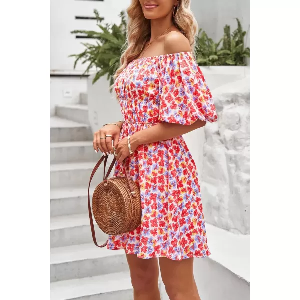 imagePRETTYGARDEN Womens Off The Shoulder Babydoll Dress Short Puff Sleeve Casual A Line Ruffle Summer DressesFloral Pink
