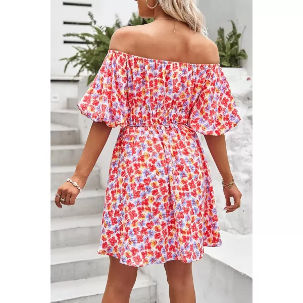imagePRETTYGARDEN Womens Off The Shoulder Babydoll Dress Short Puff Sleeve Casual A Line Ruffle Summer DressesFloral Pink