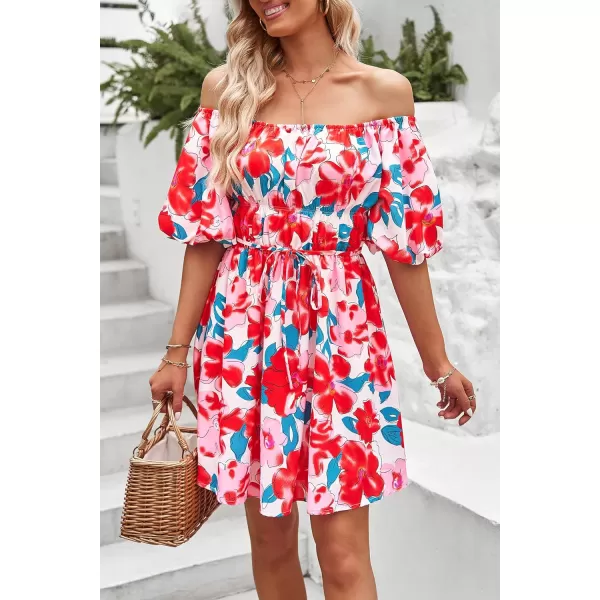 imagePRETTYGARDEN Womens Off The Shoulder Babydoll Dress Short Puff Sleeve Casual A Line Ruffle Summer DressesFloral Red