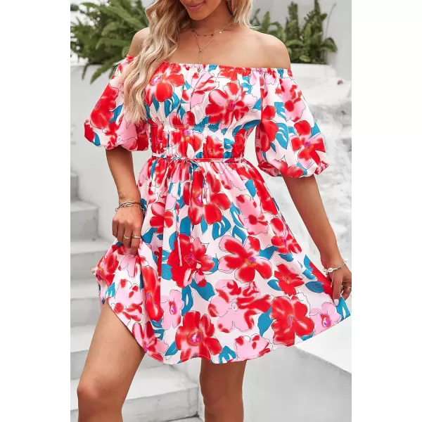 imagePRETTYGARDEN Womens Off The Shoulder Babydoll Dress Short Puff Sleeve Casual A Line Ruffle Summer DressesFloral Red