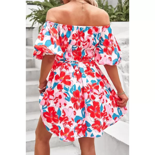 imagePRETTYGARDEN Womens Off The Shoulder Babydoll Dress Short Puff Sleeve Casual A Line Ruffle Summer DressesFloral Red