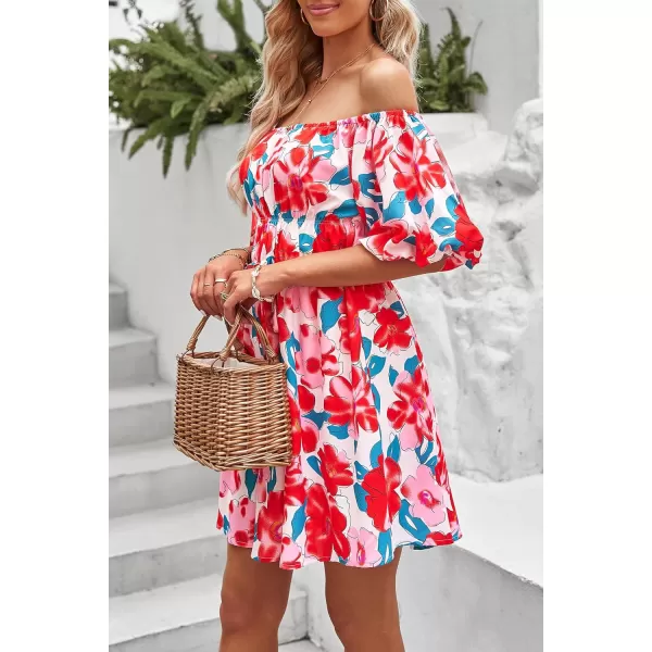 imagePRETTYGARDEN Womens Off The Shoulder Babydoll Dress Short Puff Sleeve Casual A Line Ruffle Summer DressesFloral Red