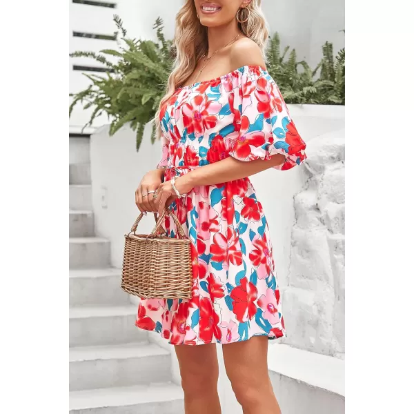 imagePRETTYGARDEN Womens Off The Shoulder Babydoll Dress Short Puff Sleeve Casual A Line Ruffle Summer DressesFloral Red
