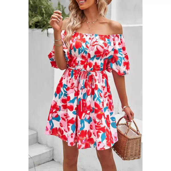 imagePRETTYGARDEN Womens Off The Shoulder Babydoll Dress Short Puff Sleeve Casual A Line Ruffle Summer DressesFloral Red