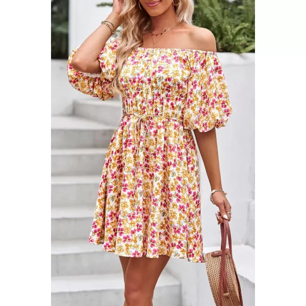 imagePRETTYGARDEN Womens Off The Shoulder Babydoll Dress Short Puff Sleeve Casual A Line Ruffle Summer DressesFloral Turmeric