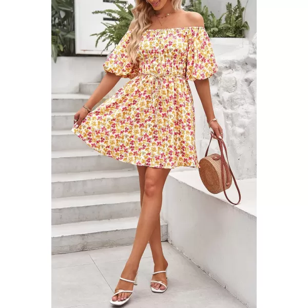 imagePRETTYGARDEN Womens Off The Shoulder Babydoll Dress Short Puff Sleeve Casual A Line Ruffle Summer DressesFloral Turmeric