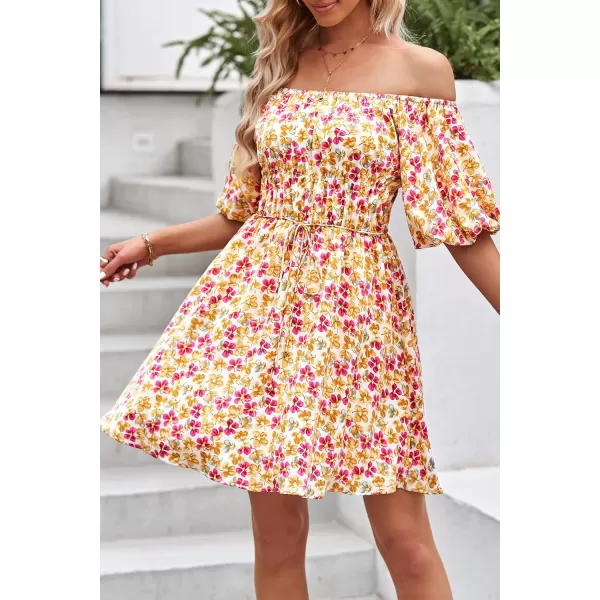 imagePRETTYGARDEN Womens Off The Shoulder Babydoll Dress Short Puff Sleeve Casual A Line Ruffle Summer DressesFloral Turmeric