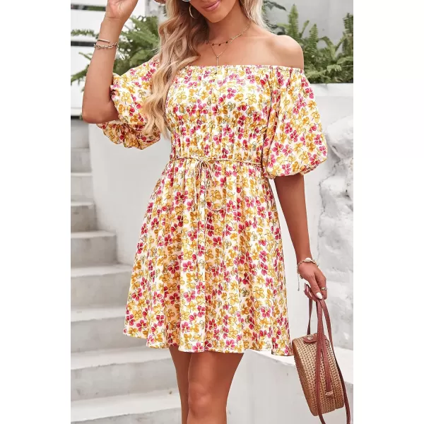 imagePRETTYGARDEN Womens Off The Shoulder Babydoll Dress Short Puff Sleeve Casual A Line Ruffle Summer DressesFloral Turmeric