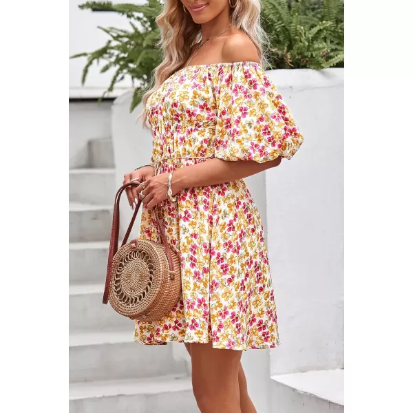 imagePRETTYGARDEN Womens Off The Shoulder Babydoll Dress Short Puff Sleeve Casual A Line Ruffle Summer DressesFloral Turmeric