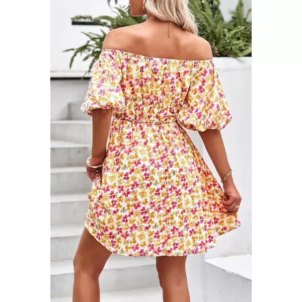 imagePRETTYGARDEN Womens Off The Shoulder Babydoll Dress Short Puff Sleeve Casual A Line Ruffle Summer DressesFloral Turmeric