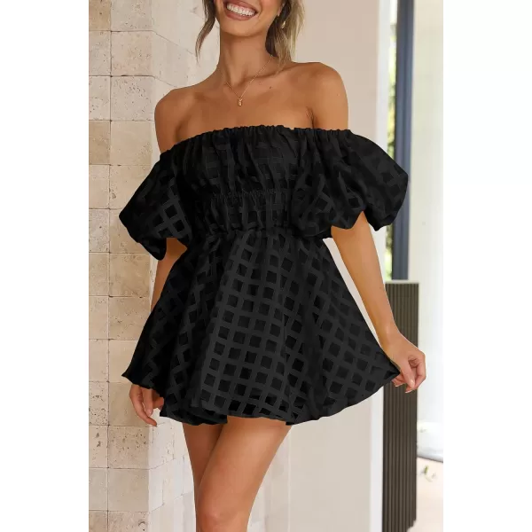 imagePRETTYGARDEN Womens Off The Shoulder Babydoll Dress Short Puff Sleeve Casual A Line Ruffle Summer DressesPlaid Black