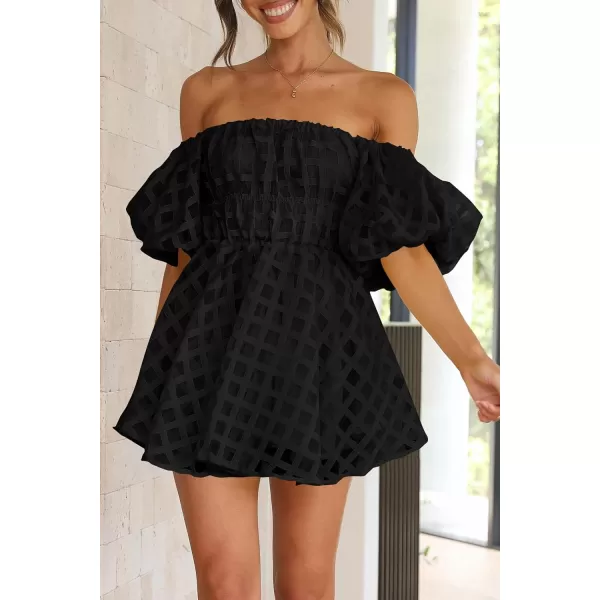 imagePRETTYGARDEN Womens Off The Shoulder Babydoll Dress Short Puff Sleeve Casual A Line Ruffle Summer DressesPlaid Black
