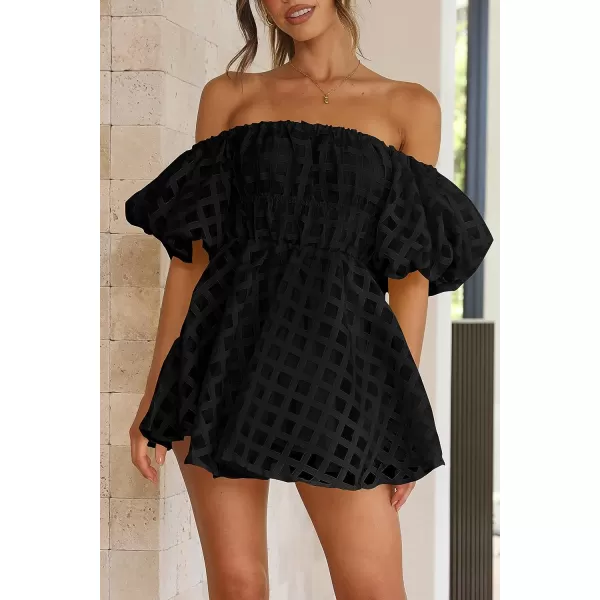 imagePRETTYGARDEN Womens Off The Shoulder Babydoll Dress Short Puff Sleeve Casual A Line Ruffle Summer DressesPlaid Black