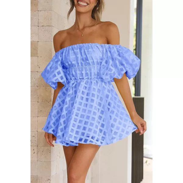 imagePRETTYGARDEN Womens Off The Shoulder Babydoll Dress Short Puff Sleeve Casual A Line Ruffle Summer DressesPlaid Light Blue