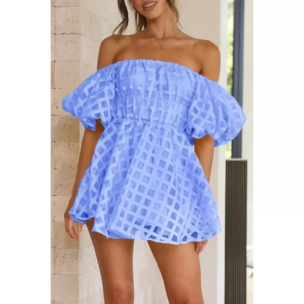imagePRETTYGARDEN Womens Off The Shoulder Babydoll Dress Short Puff Sleeve Casual A Line Ruffle Summer DressesPlaid Light Blue