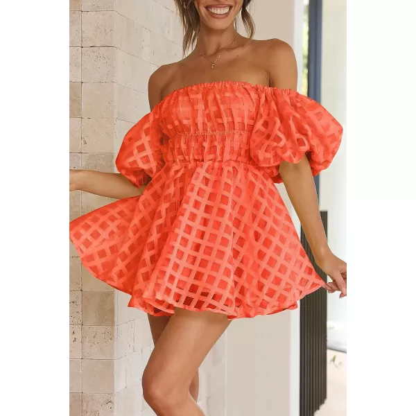 imagePRETTYGARDEN Womens Off The Shoulder Babydoll Dress Short Puff Sleeve Casual A Line Ruffle Summer DressesPlaid Orange
