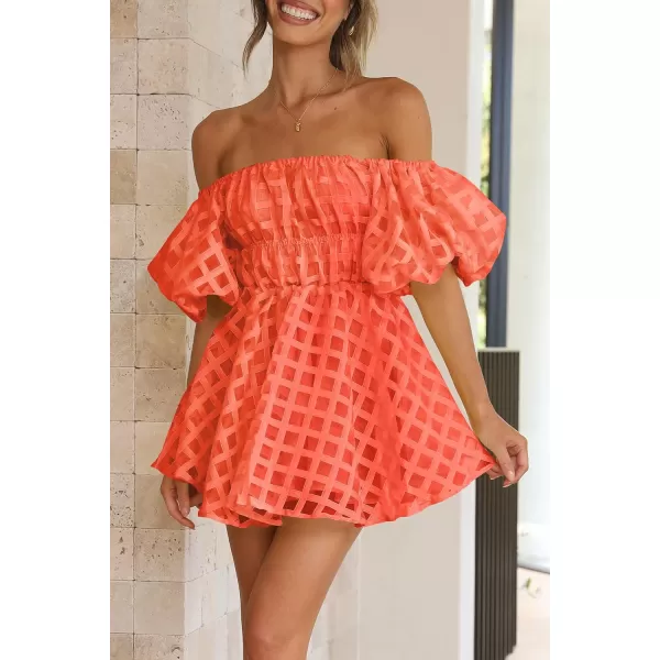 imagePRETTYGARDEN Womens Off The Shoulder Babydoll Dress Short Puff Sleeve Casual A Line Ruffle Summer DressesPlaid Orange