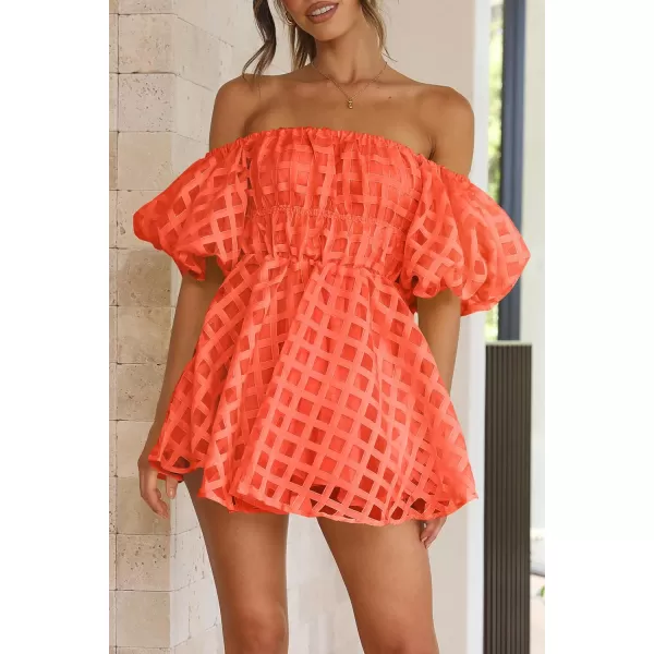 imagePRETTYGARDEN Womens Off The Shoulder Babydoll Dress Short Puff Sleeve Casual A Line Ruffle Summer DressesPlaid Orange