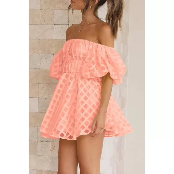 imagePRETTYGARDEN Womens Off The Shoulder Babydoll Dress Short Puff Sleeve Casual A Line Ruffle Summer DressesPlaid Peach Pink