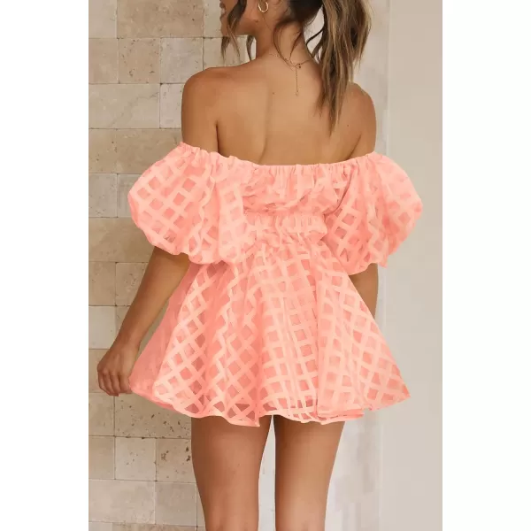 imagePRETTYGARDEN Womens Off The Shoulder Babydoll Dress Short Puff Sleeve Casual A Line Ruffle Summer DressesPlaid Peach Pink