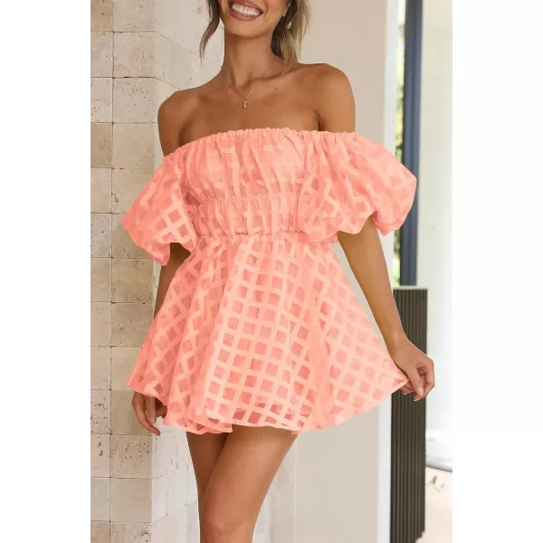 imagePRETTYGARDEN Womens Off The Shoulder Babydoll Dress Short Puff Sleeve Casual A Line Ruffle Summer DressesPlaid Peach Pink