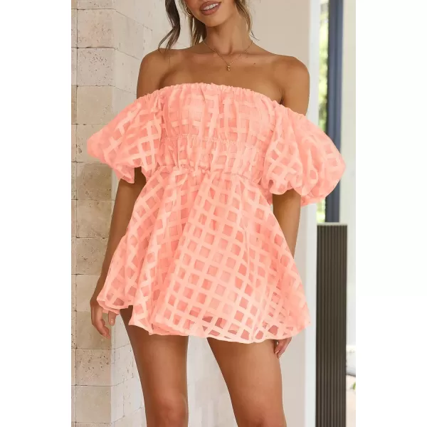 imagePRETTYGARDEN Womens Off The Shoulder Babydoll Dress Short Puff Sleeve Casual A Line Ruffle Summer DressesPlaid Peach Pink
