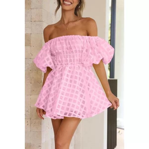 imagePRETTYGARDEN Womens Off The Shoulder Babydoll Dress Short Puff Sleeve Casual A Line Ruffle Summer DressesPlaid Pink
