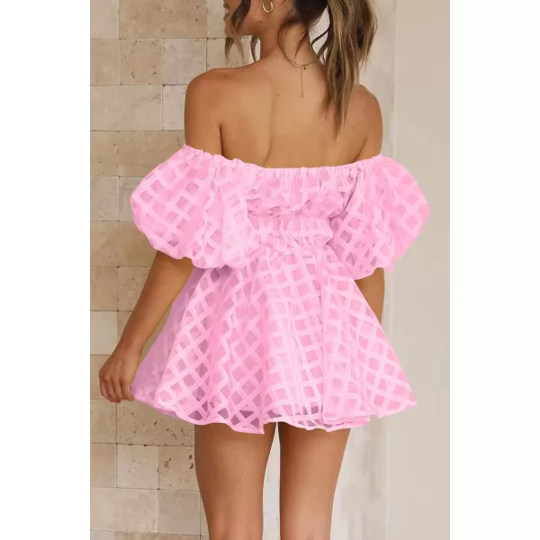 imagePRETTYGARDEN Womens Off The Shoulder Babydoll Dress Short Puff Sleeve Casual A Line Ruffle Summer DressesPlaid Pink