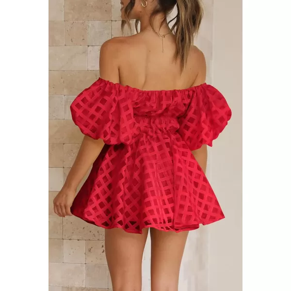 imagePRETTYGARDEN Womens Off The Shoulder Babydoll Dress Short Puff Sleeve Casual A Line Ruffle Summer DressesPlaid Red