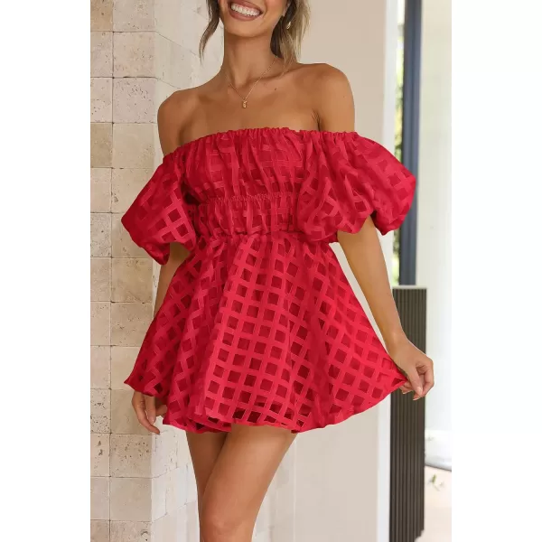 imagePRETTYGARDEN Womens Off The Shoulder Babydoll Dress Short Puff Sleeve Casual A Line Ruffle Summer DressesPlaid Red
