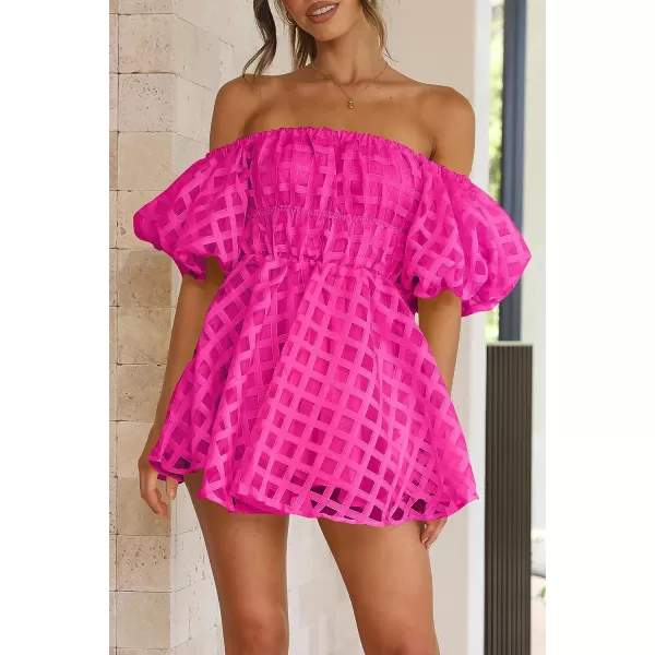 imagePRETTYGARDEN Womens Off The Shoulder Babydoll Dress Short Puff Sleeve Casual A Line Ruffle Summer DressesPlaid Rose Red