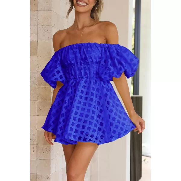 imagePRETTYGARDEN Womens Off The Shoulder Babydoll Dress Short Puff Sleeve Casual A Line Ruffle Summer DressesPlaid Royal Blue