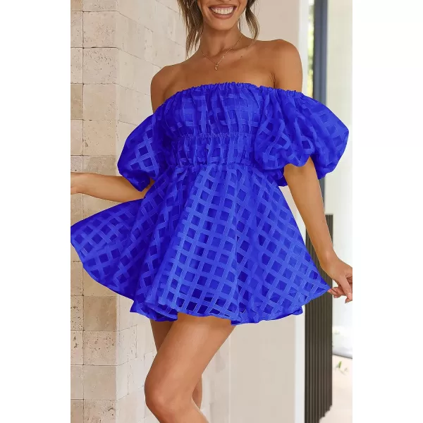 imagePRETTYGARDEN Womens Off The Shoulder Babydoll Dress Short Puff Sleeve Casual A Line Ruffle Summer DressesPlaid Royal Blue