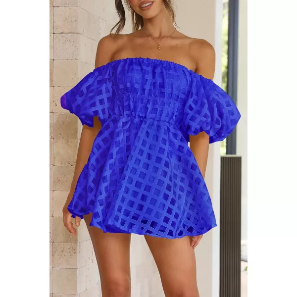 imagePRETTYGARDEN Womens Off The Shoulder Babydoll Dress Short Puff Sleeve Casual A Line Ruffle Summer DressesPlaid Royal Blue