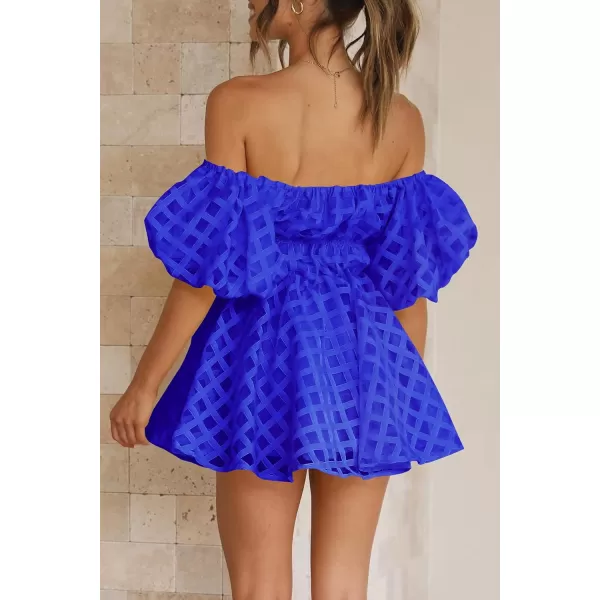 imagePRETTYGARDEN Womens Off The Shoulder Babydoll Dress Short Puff Sleeve Casual A Line Ruffle Summer DressesPlaid Royal Blue