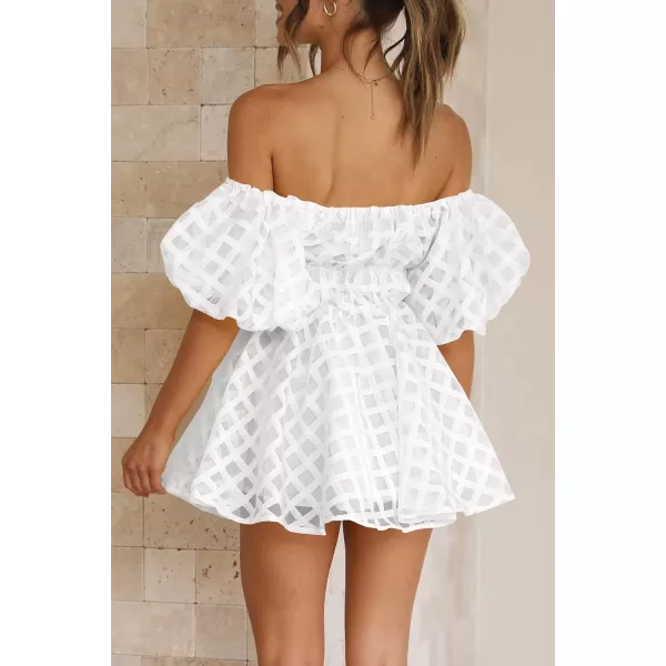 imagePRETTYGARDEN Womens Off The Shoulder Babydoll Dress Short Puff Sleeve Casual A Line Ruffle Summer DressesPlaid White