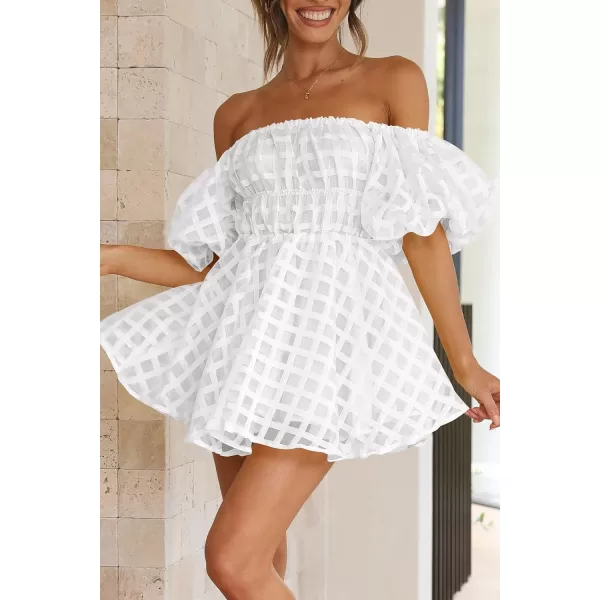 imagePRETTYGARDEN Womens Off The Shoulder Babydoll Dress Short Puff Sleeve Casual A Line Ruffle Summer DressesPlaid White