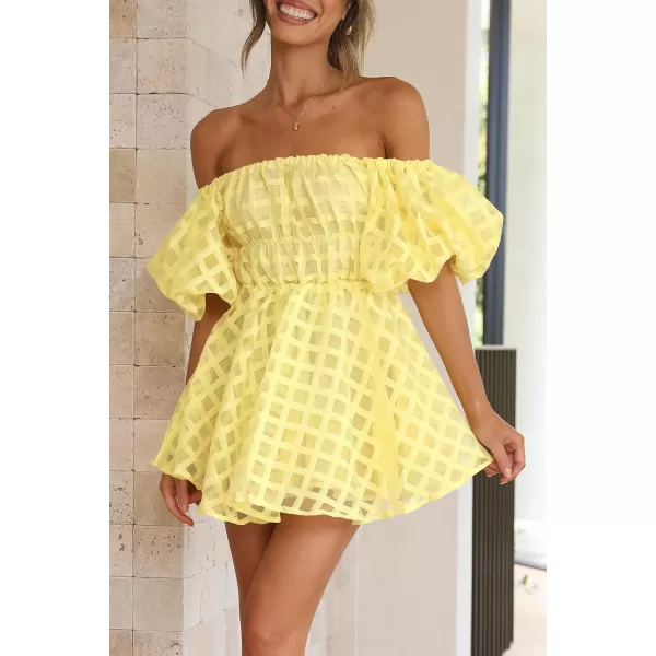 imagePRETTYGARDEN Womens Off The Shoulder Babydoll Dress Short Puff Sleeve Casual A Line Ruffle Summer DressesPlaid Yellow