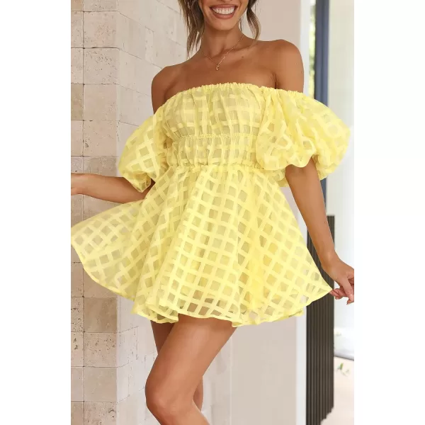 imagePRETTYGARDEN Womens Off The Shoulder Babydoll Dress Short Puff Sleeve Casual A Line Ruffle Summer DressesPlaid Yellow
