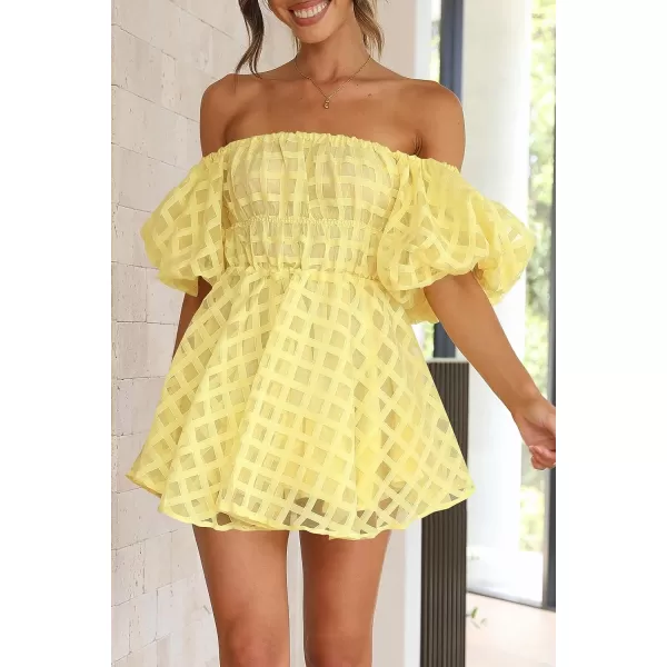 imagePRETTYGARDEN Womens Off The Shoulder Babydoll Dress Short Puff Sleeve Casual A Line Ruffle Summer DressesPlaid Yellow