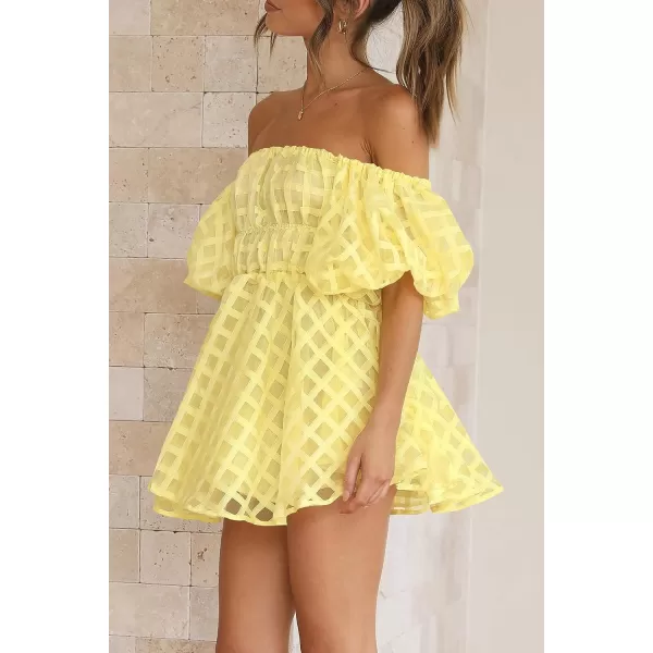 imagePRETTYGARDEN Womens Off The Shoulder Babydoll Dress Short Puff Sleeve Casual A Line Ruffle Summer DressesPlaid Yellow