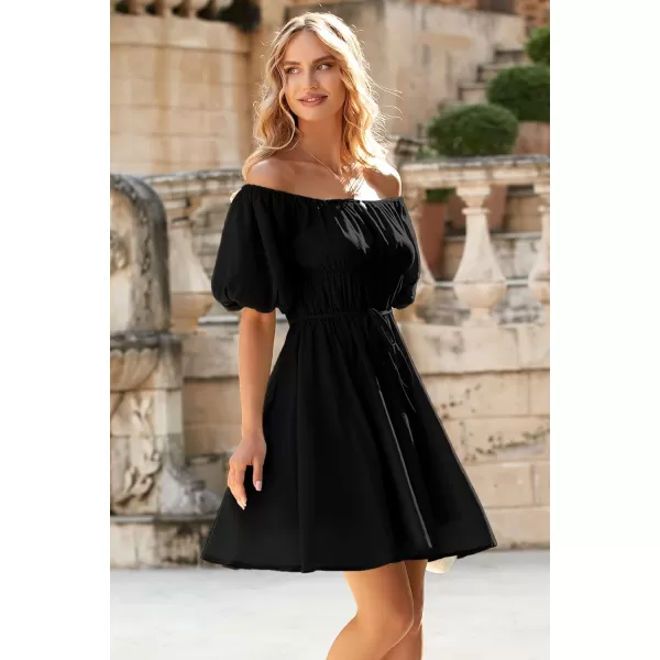 imagePRETTYGARDEN Womens Off The Shoulder Babydoll Dress Short Puff Sleeve Casual A Line Ruffle Summer DressesSolid Black