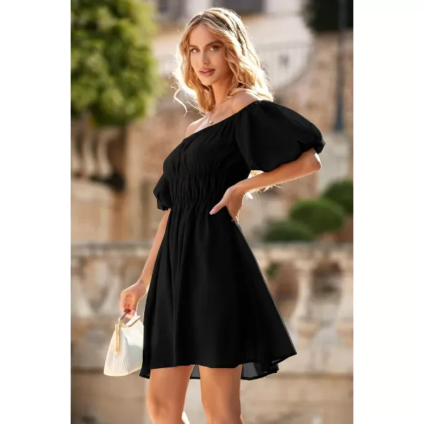 imagePRETTYGARDEN Womens Off The Shoulder Babydoll Dress Short Puff Sleeve Casual A Line Ruffle Summer DressesSolid Black