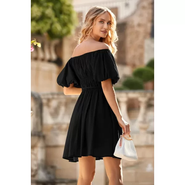imagePRETTYGARDEN Womens Off The Shoulder Babydoll Dress Short Puff Sleeve Casual A Line Ruffle Summer DressesSolid Black