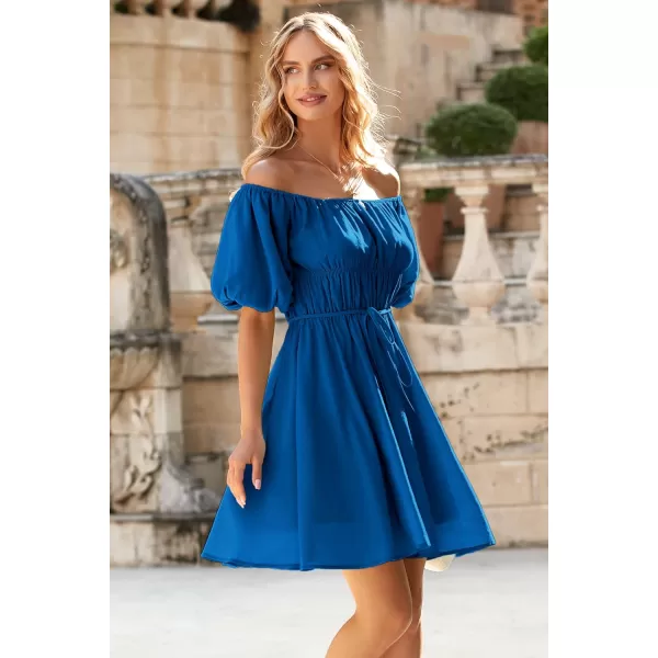 imagePRETTYGARDEN Womens Off The Shoulder Babydoll Dress Short Puff Sleeve Casual A Line Ruffle Summer DressesSolid Blue