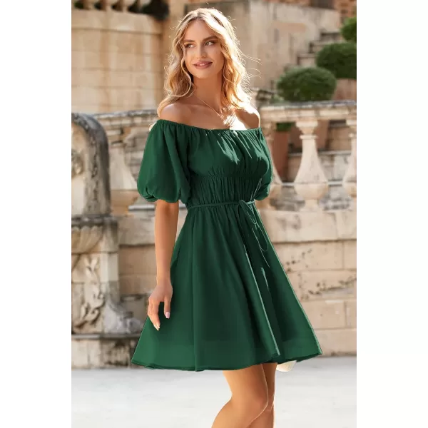 imagePRETTYGARDEN Womens Off The Shoulder Babydoll Dress Short Puff Sleeve Casual A Line Ruffle Summer DressesSolid Dark Army Green
