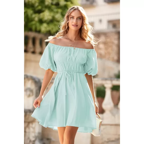imagePRETTYGARDEN Womens Off The Shoulder Babydoll Dress Short Puff Sleeve Casual A Line Ruffle Summer DressesSolid Light Green