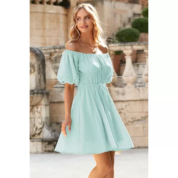 imagePRETTYGARDEN Womens Off The Shoulder Babydoll Dress Short Puff Sleeve Casual A Line Ruffle Summer DressesSolid Light Green