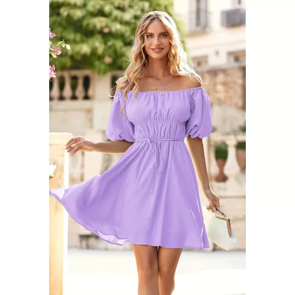 imagePRETTYGARDEN Womens Off The Shoulder Babydoll Dress Short Puff Sleeve Casual A Line Ruffle Summer DressesSolid Light Purple