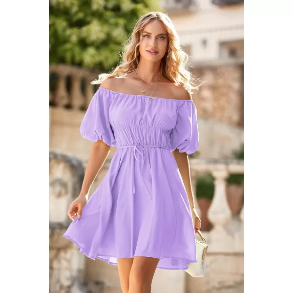 imagePRETTYGARDEN Womens Off The Shoulder Babydoll Dress Short Puff Sleeve Casual A Line Ruffle Summer DressesSolid Light Purple